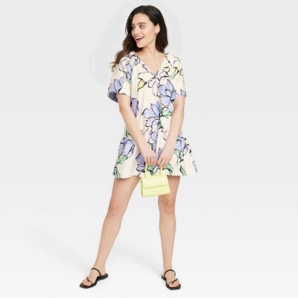 Women's Flutter Short Sleeve Mini Poplin Dress - A New Day™ White/Purple Floral - Picture 2 of 6